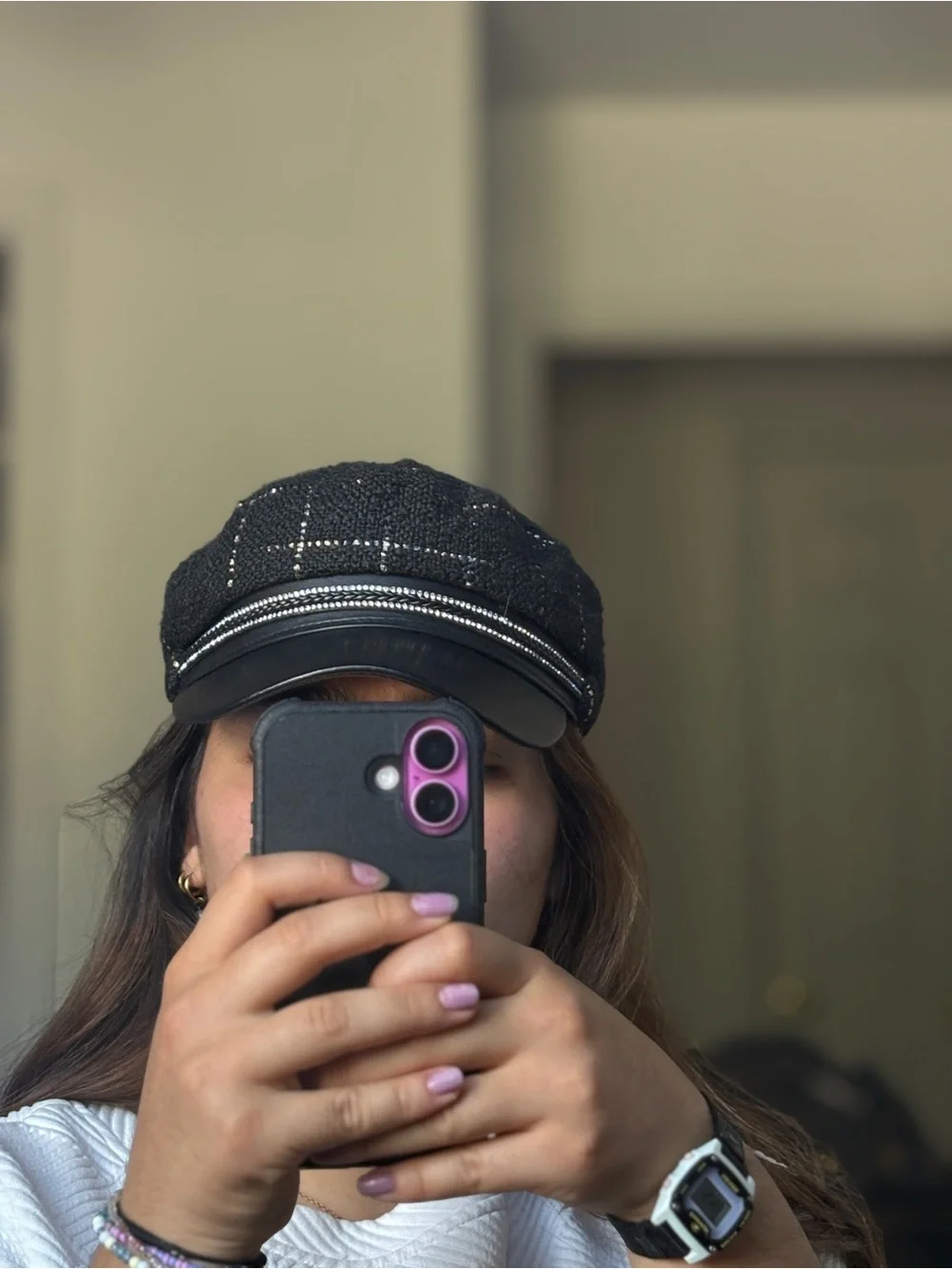 Y2K Juicy Couture Black Tweed Newsboy Cap with Faux Leather Visor